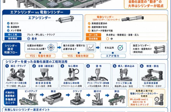 シリンダーを使った工場自動化装置とは？エア・電動別の選び方と省人化への活用事例｜工場 省人化・自動化ナビ