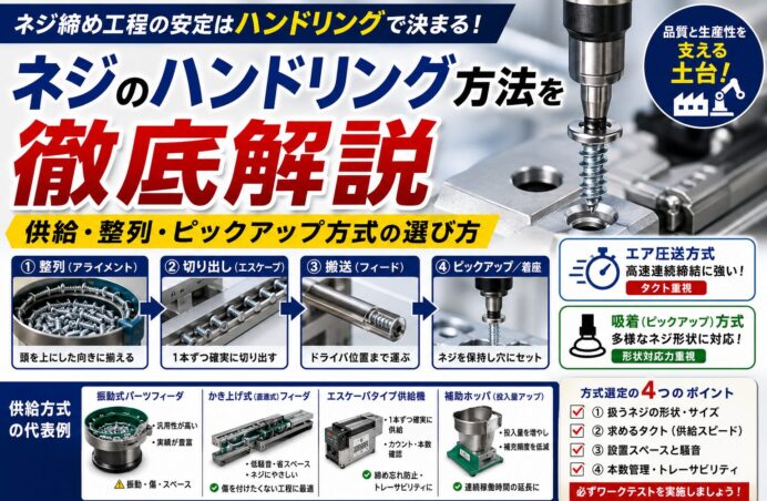 ネジのハンドリング方法を徹底解説|供給・整列・ピックアップ方式の選び方|工場 省人化・自動化ナビ